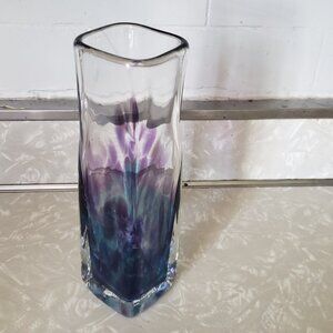 Jerpoint Glass Studio Ireland Art Glass Vase 9.5" Aqua Blue Purple Swirl